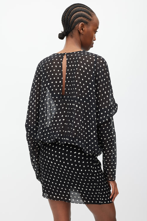 Saint Laurent Black 
White Silk Sheer Polka Dot Dress