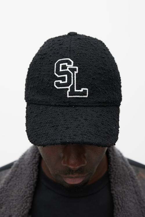 Saint Laurent Black 
White Wool Boucle Logo Hat