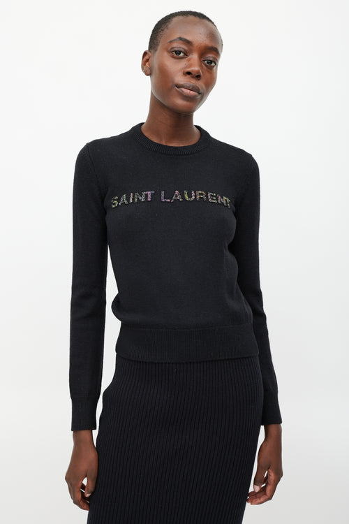 Saint Laurent Black Wool Beaded Logo Sweater