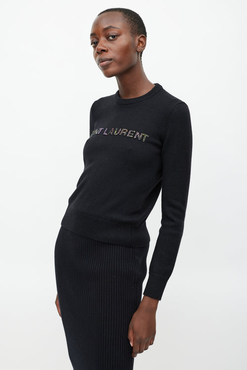 Saint Laurent Black Wool Beaded Logo Sweater