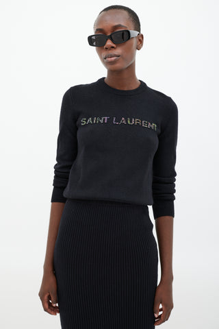 Saint Laurent Black Wool Beaded Logo Sweater