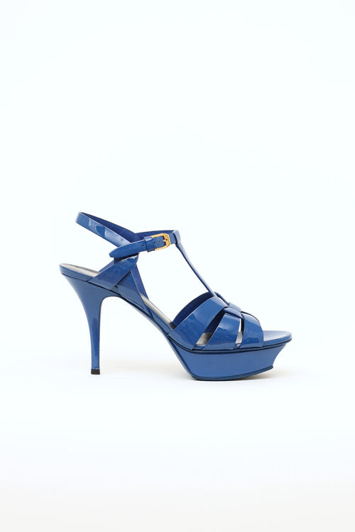 Saint Laurent Blue Patent Leather Tribute Sandals