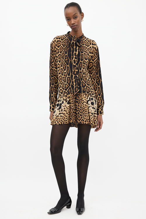 Saint Laurent Brown 
Black Silk Printed Tie Dress