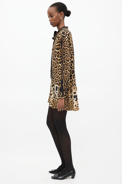 Saint Laurent Brown 
Black Silk Printed Tie Dress