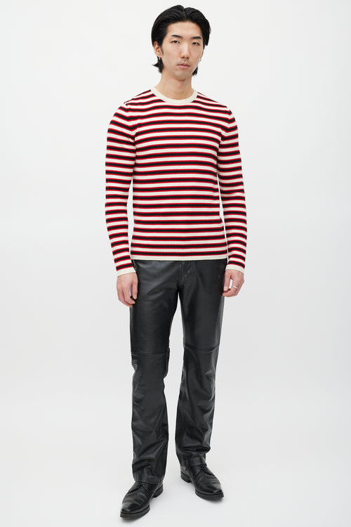 Saint Laurent Cream 
Red Wool Knit Striped Sweater