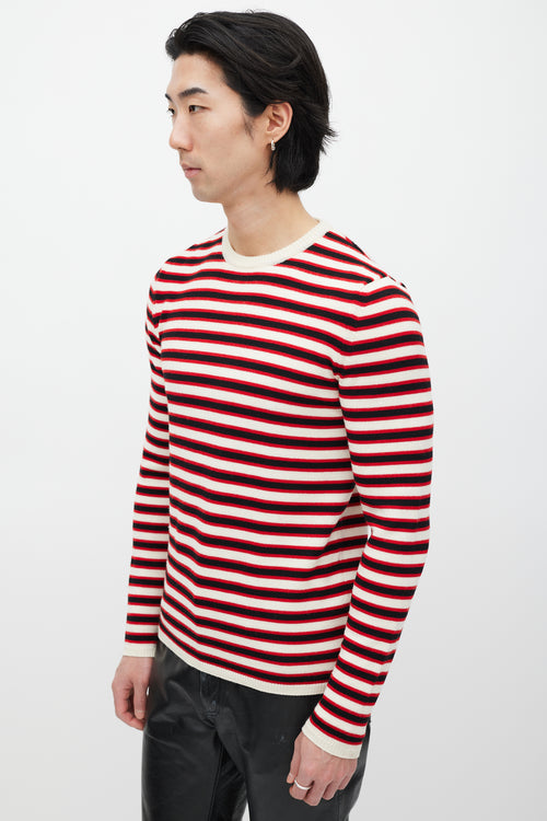 Saint Laurent Cream 
Red Wool Knit Striped Sweater