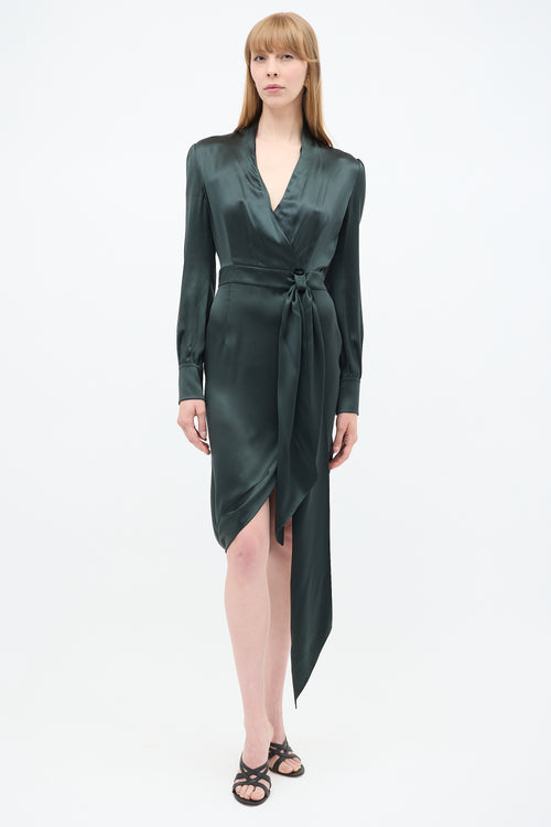 Saint Laurent Dark Green Silk Belted Dress