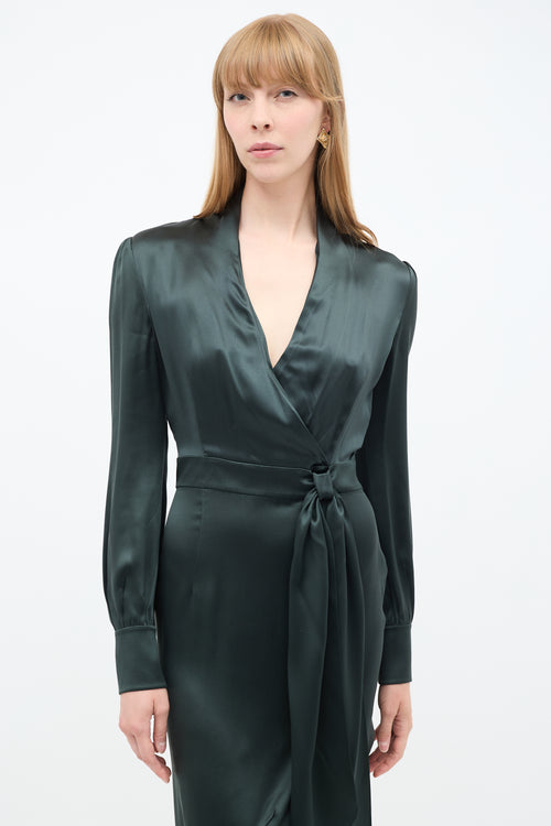 Saint Laurent Dark Green Silk Belted Dress