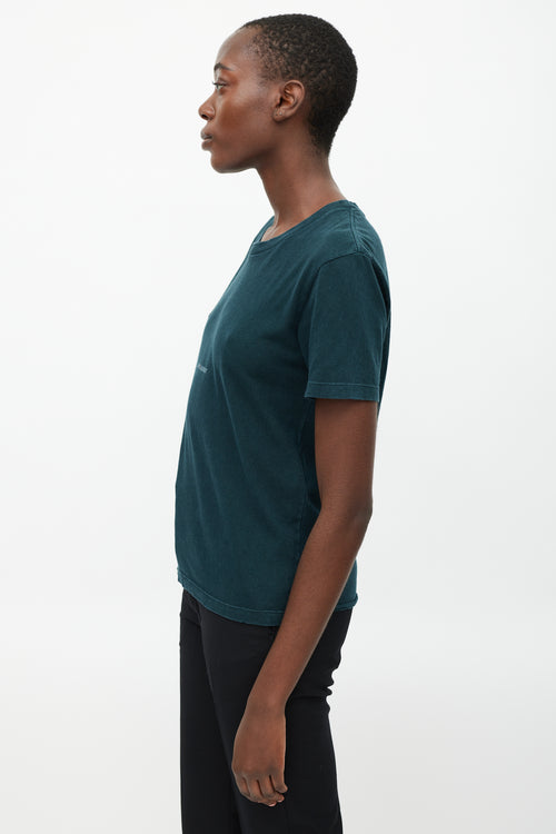 Saint Laurent Dark Teal Cotton Distressed Logo T-Shirt