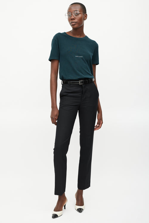 Saint Laurent Dark Teal Cotton Distressed Logo T-Shirt