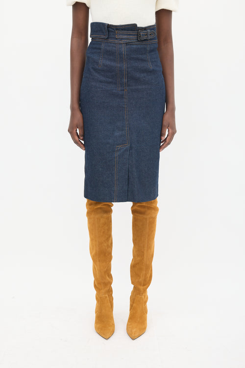 Saint Laurent Dark Wash Denim Contrast Stitch Skirt