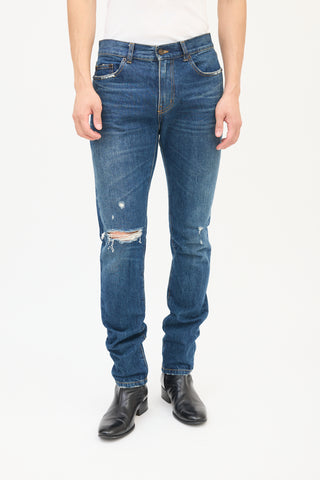 Saint Laurent Dark Wash Distressed Slim Leg Jeans