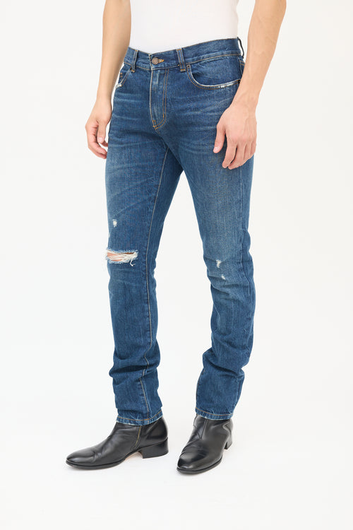 Saint Laurent Dark Wash Distressed Slim Leg Jeans