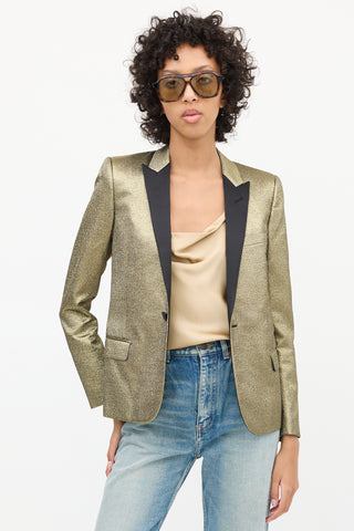 Saint Laurent Gold 
Black Satin Peak Lapel Blazer