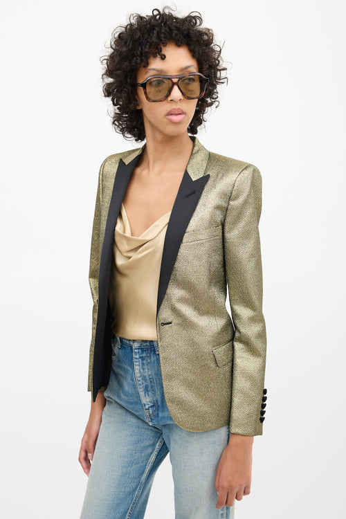 Saint Laurent Gold 
Black Satin Peak Lapel Blazer