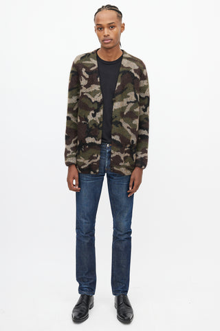 Saint Laurent Green 
Brown Camo V-Neck Cardigan