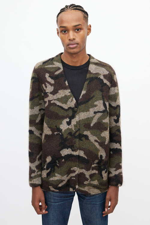 Saint Laurent Green 
Brown Camo V-Neck Cardigan