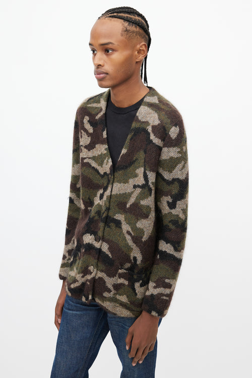 Saint Laurent Green 
Brown Camo V-Neck Cardigan