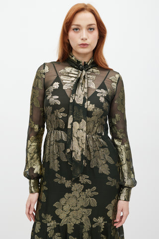 Green 
Gold Silk Metallic Floral Dress