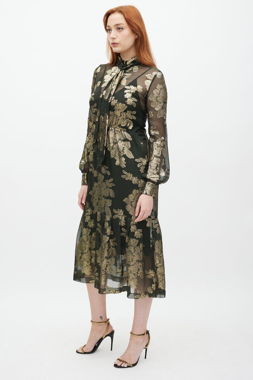 Green 
Gold Silk Metallic Floral Dress