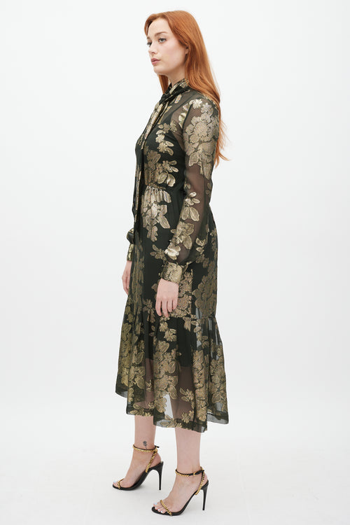 Green 
Gold Silk Metallic Floral Dress