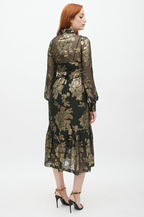 Green 
Gold Silk Metallic Floral Dress