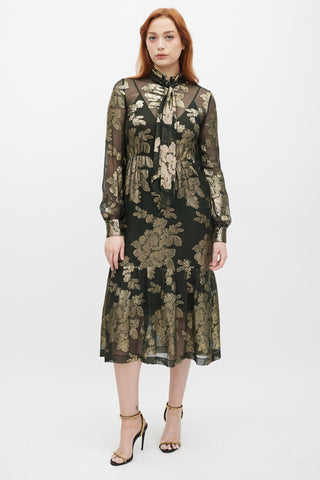 Saint Laurent Green 
Gold Silk Metallic Floral Dress