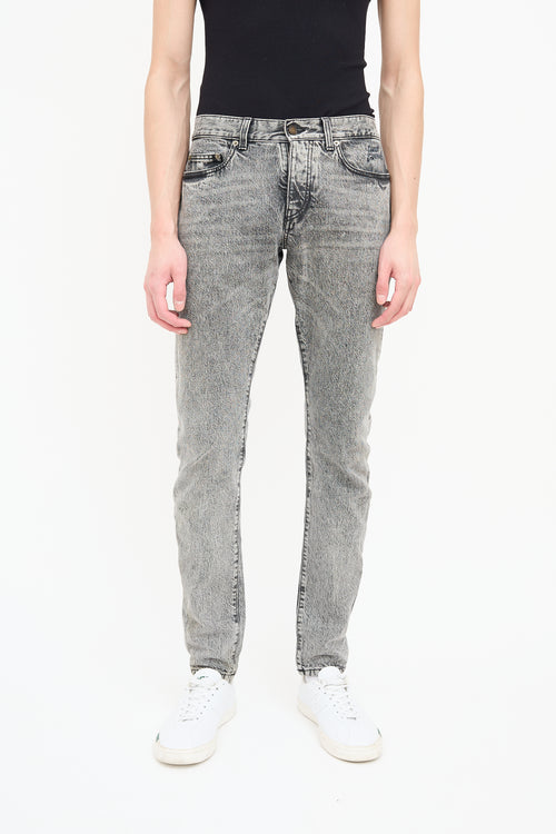 Saint Laurent Grey Acid Wash Embroidered Slim Jeans