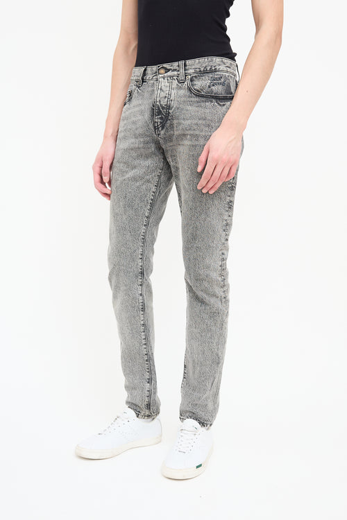 Saint Laurent Grey Acid Wash Embroidered Slim Jeans