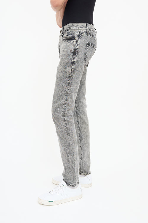 Saint Laurent Grey Acid Wash Embroidered Slim Jeans