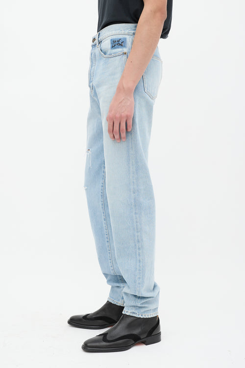 Saint Laurent Light Wash Embroidered Distressed Jeans