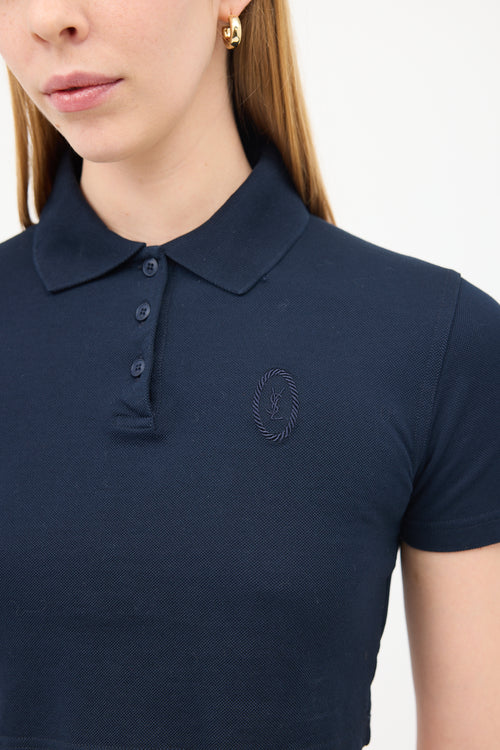 Saint Laurent Navy Logo Cropped Polo Top