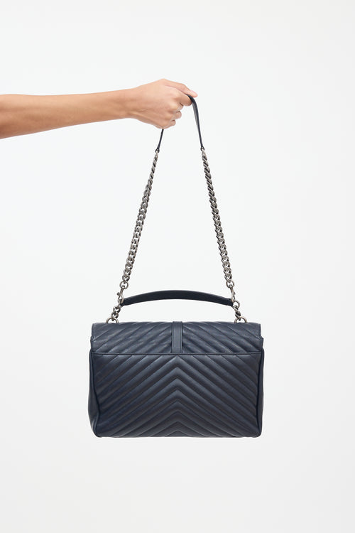 Saint Laurent Navy Leather Chevron Large College Shoulder Bag