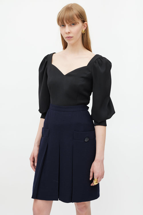 Saint Laurent Navy Wool Pleated Skirt