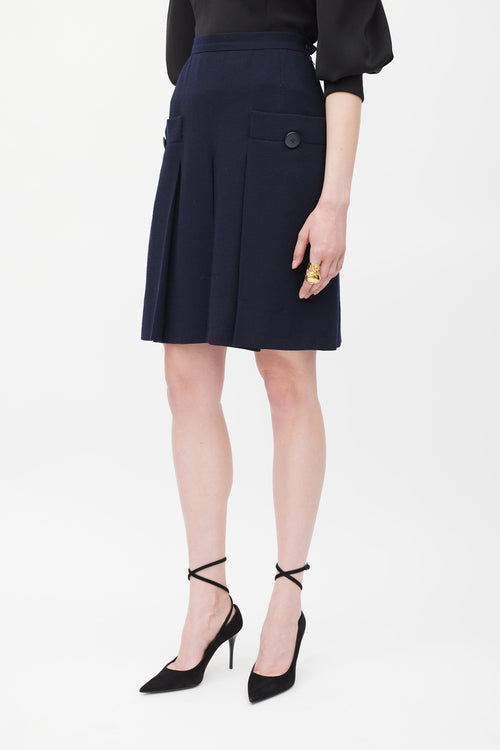 Saint Laurent Navy Wool Pleated Skirt