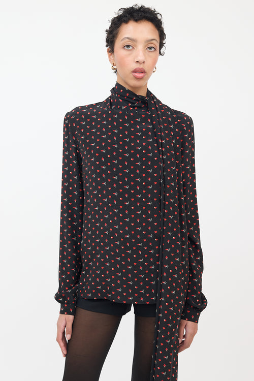 Saint Laurent Black 
Red Silk Smoking Lips Heart Shirt