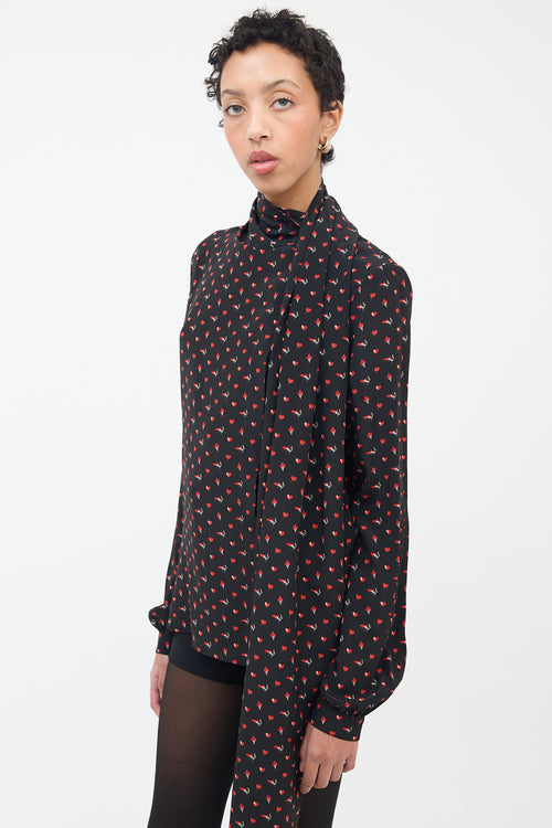 Saint Laurent Black 
Red Silk Smoking Lips Heart Shirt