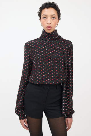 Saint Laurent Black 
Red Silk Smoking Lips Heart Shirt