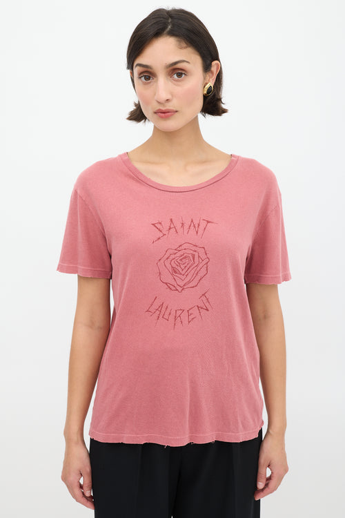 Saint Laurent Pink Rose Graphic Distressed T-Shirt