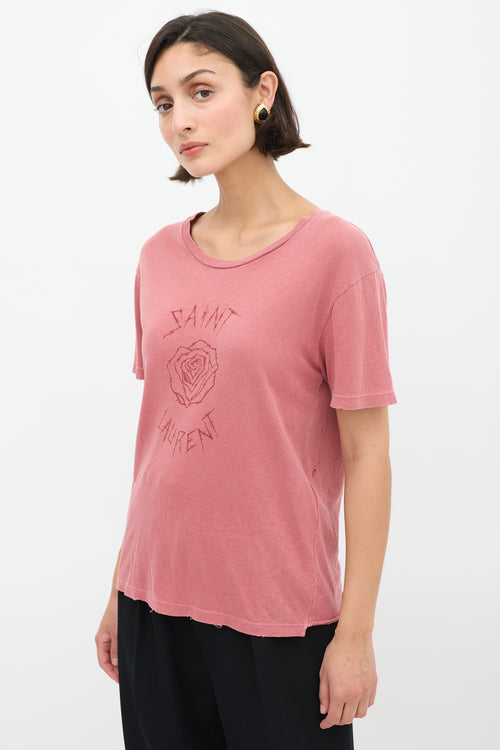 Saint Laurent Pink Rose Graphic Distressed T-Shirt