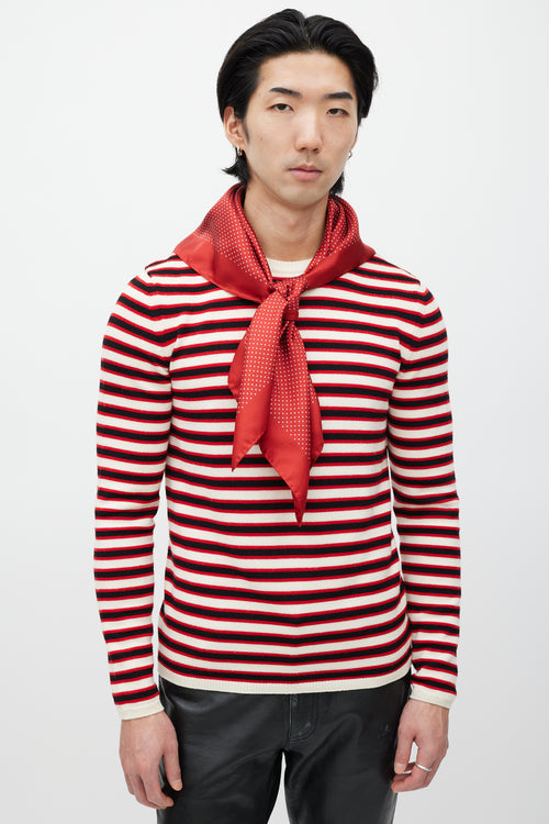 Saint Laurent Red 
Black Silk Polka Dot Scarf