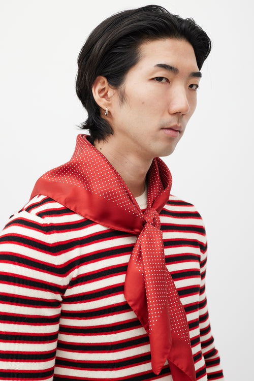 Saint Laurent Red 
Black Silk Polka Dot Scarf