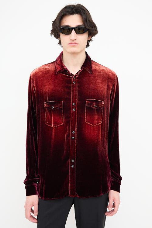 Saint Laurent Red 
Burgundy Crushed Velvet Shirt