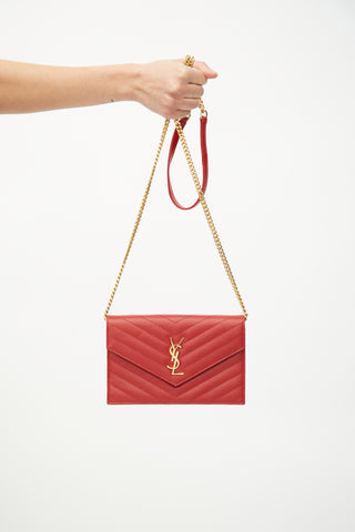 Saint Laurent Red Envelope Chevron Quilted Wallet On Chain