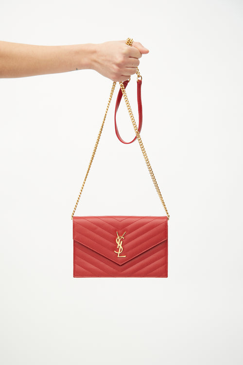 Saint Laurent Red Envelope Chevron Quilted Wallet On Chain