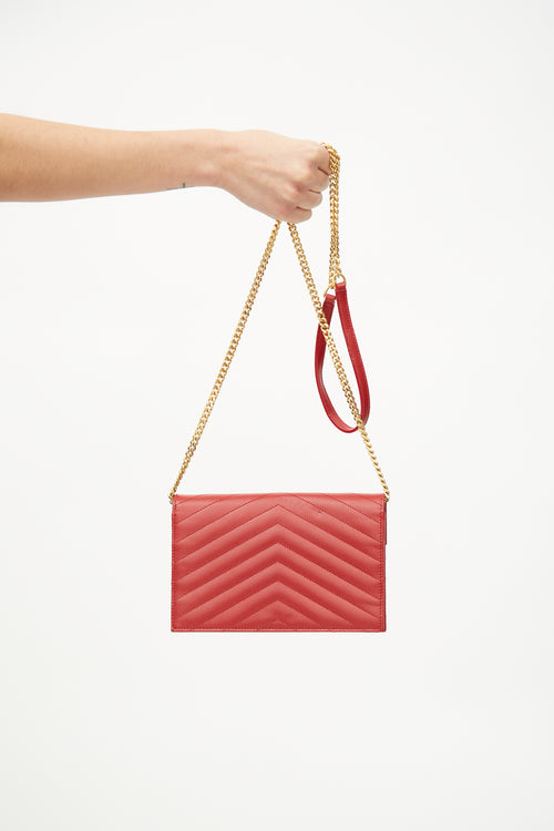 Saint Laurent Red Envelope Chevron Quilted Wallet On Chain