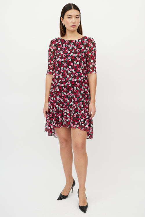 Saint Laurent Red 
Multicolour Silk Floral High Low Dress