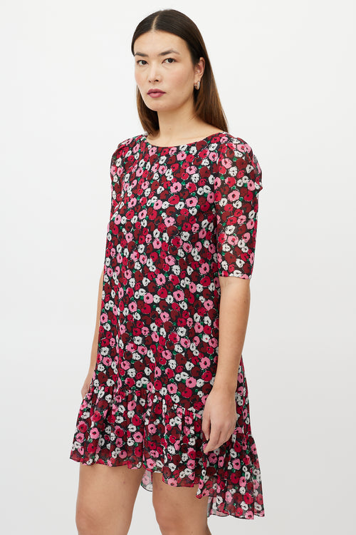 Saint Laurent Red 
Multicolour Silk Floral High Low Dress