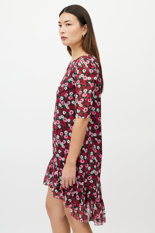 Saint Laurent Red 
Multicolour Silk Floral High Low Dress