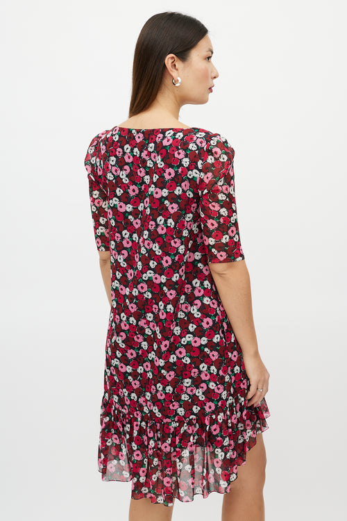 Saint Laurent Red 
Multicolour Silk Floral High Low Dress